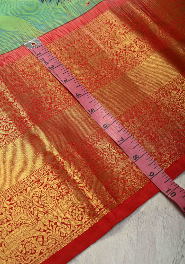 Rama Green Pure Kanjivaram Silk Saree with Peacock Feathers Abstract Digital Print and Contrast Zari Border | SILK MARK CERTIFIED