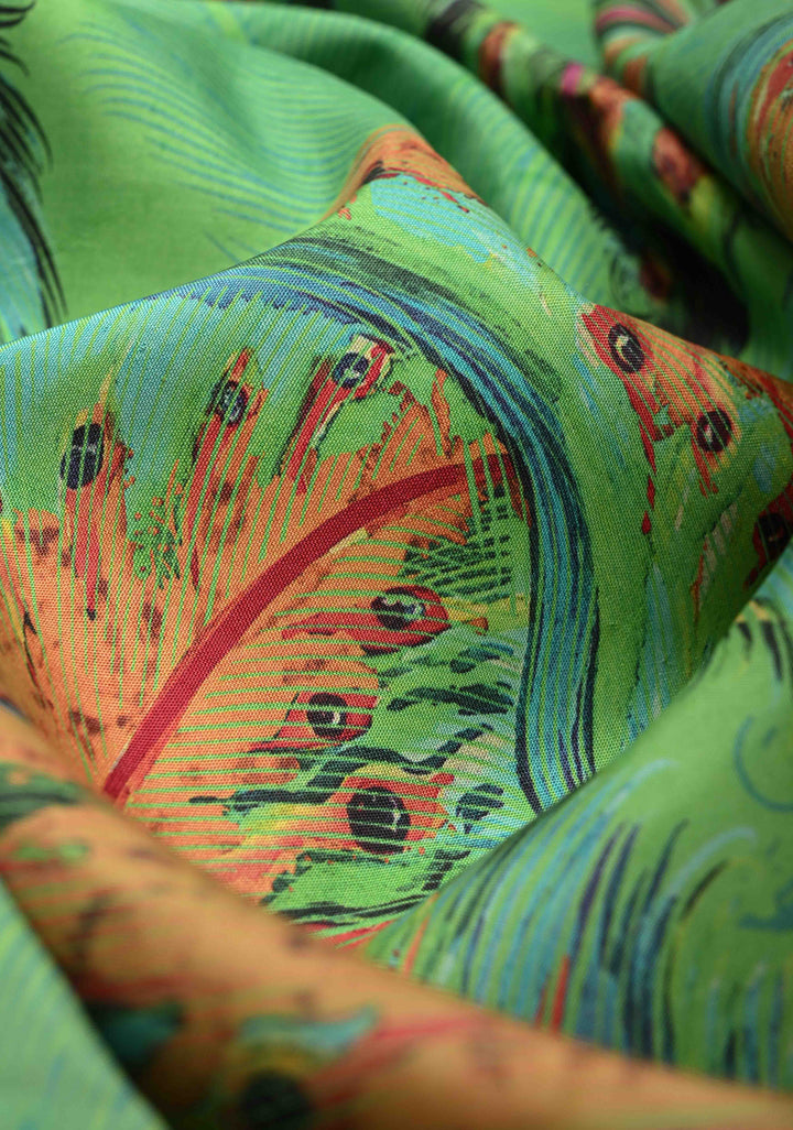 Rama Green Pure Kanjivaram Silk Saree with Peacock Feathers Abstract Digital Print and Contrast Zari Border | SILK MARK CERTIFIED