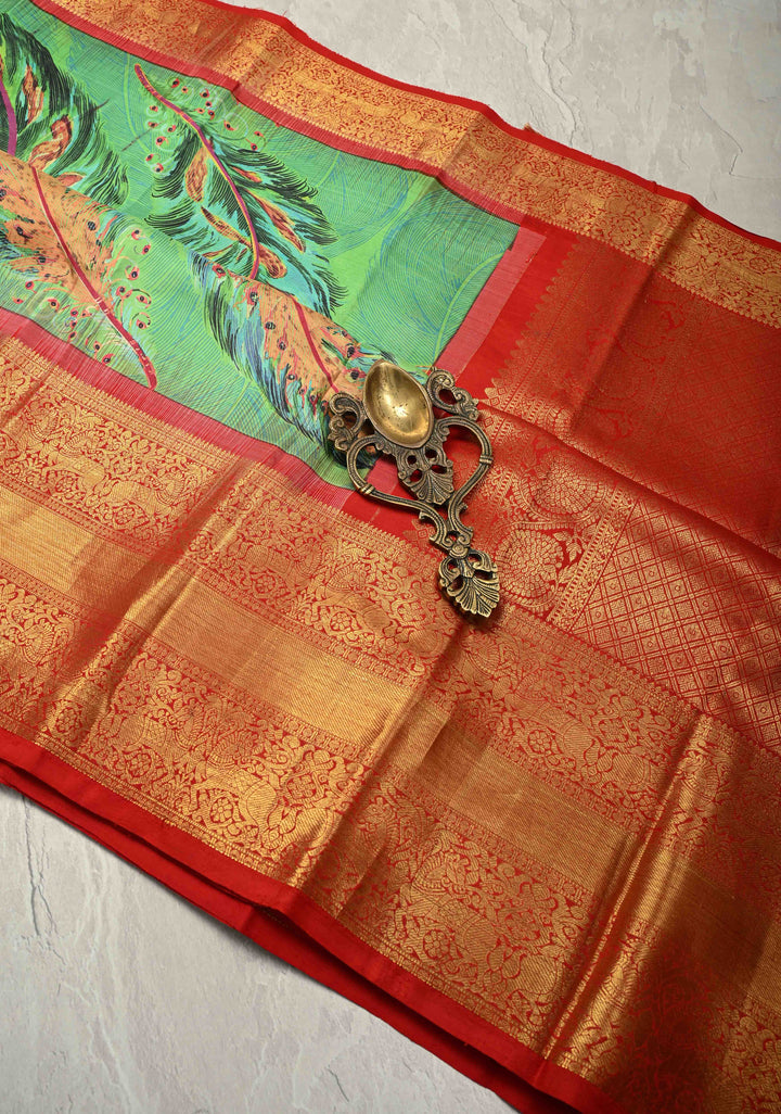 Rama Green Pure Kanjivaram Silk Saree with Peacock Feathers Abstract Digital Print and Contrast Zari Border | SILK MARK CERTIFIED