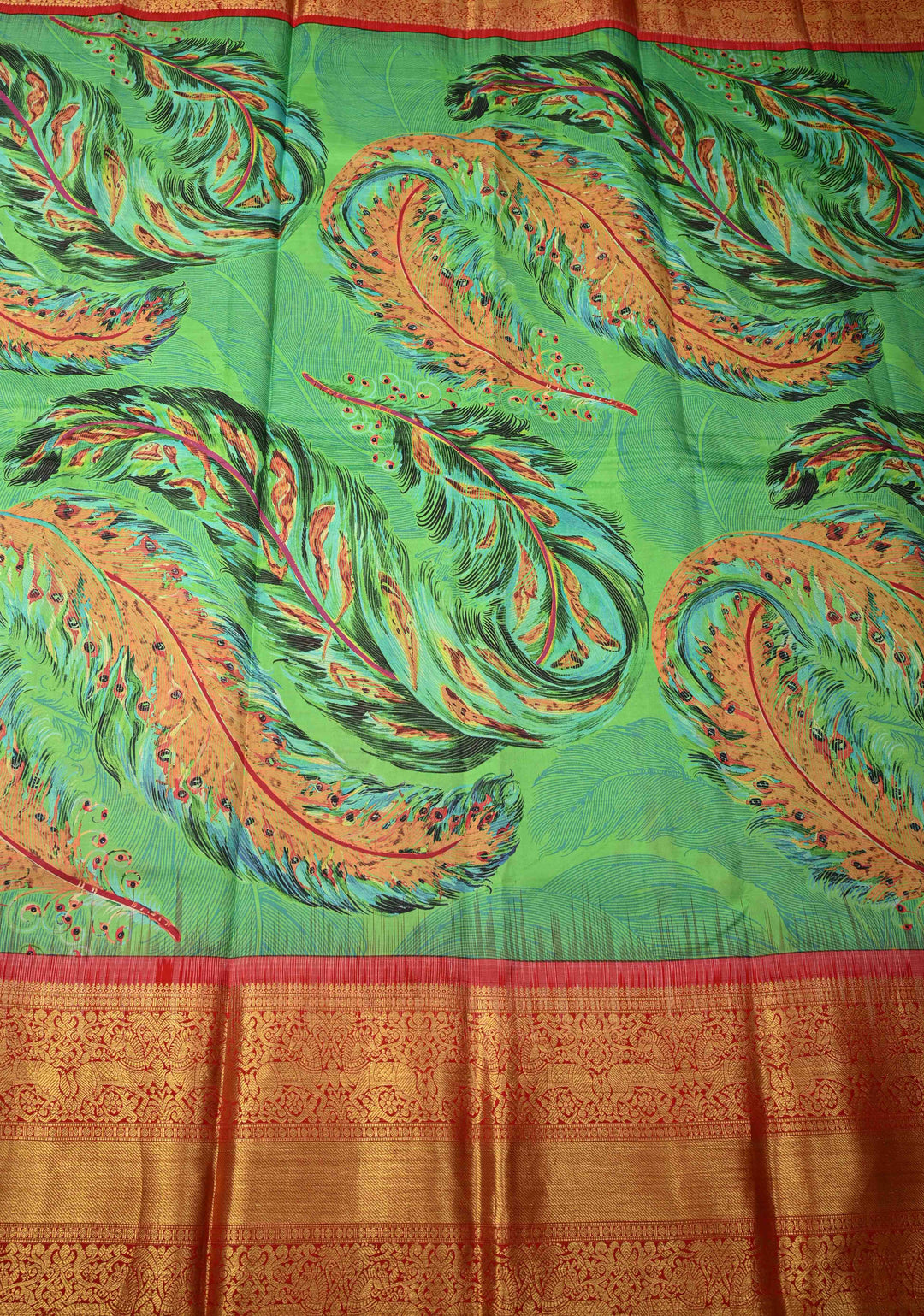 Rama Green Pure Kanjivaram Silk Saree with Peacock Feathers Abstract Digital Print and Contrast Zari Border | SILK MARK CERTIFIED