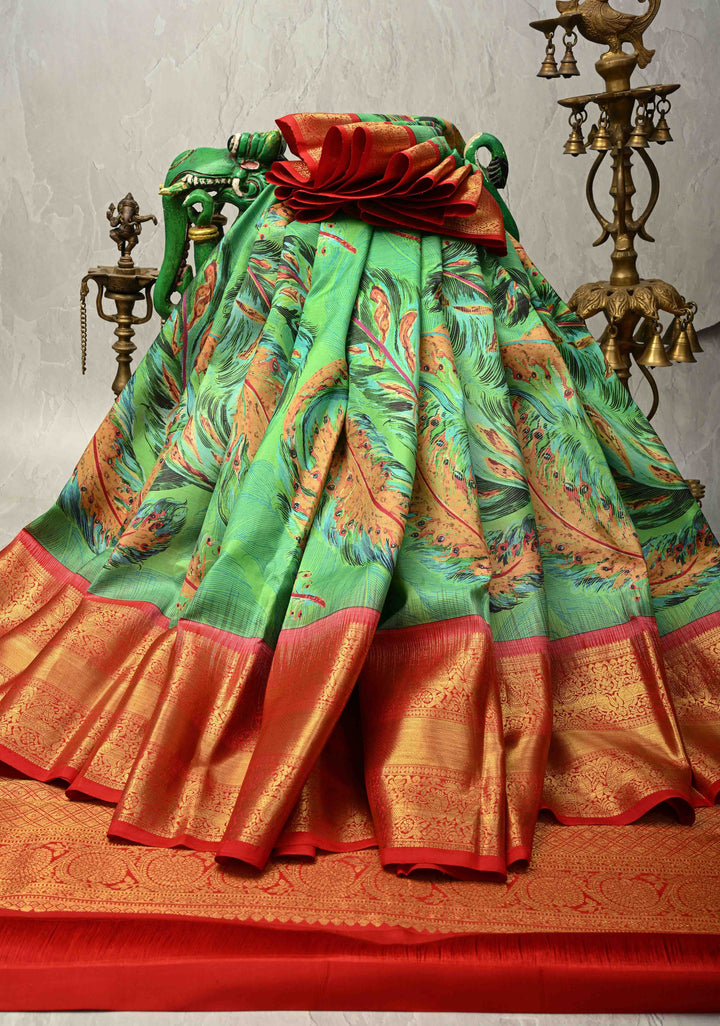 Rama Green Pure Kanjivaram Silk Saree with Peacock Feathers Abstract Digital Print and Contrast Zari Border | SILK MARK CERTIFIED