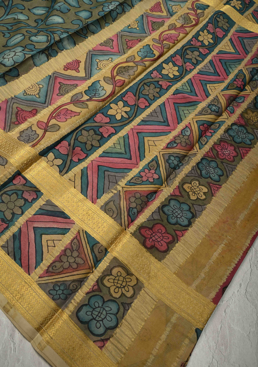 Authentic Pen Kalamkari on Pure Mysore Silk Saree with Rettaipet Border | SILK MARK CERTIFIED