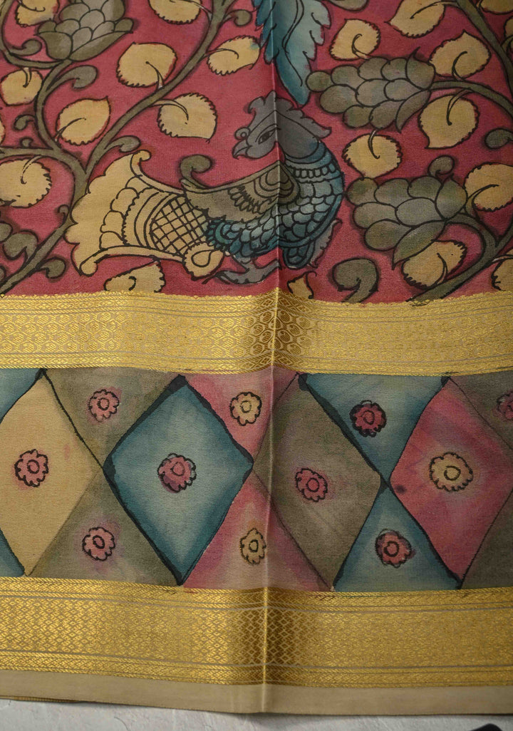 Authentic Pen Kalamkari on Pure Mysore Silk Saree with Rettaipet Border | SILK MARK CERTIFIED