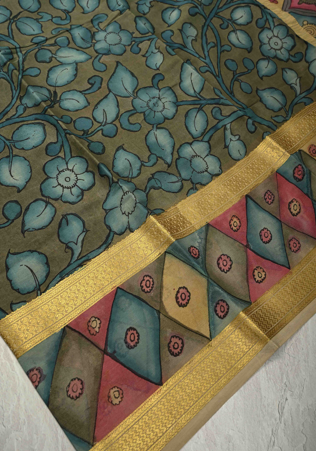 Authentic Pen Kalamkari on Pure Mysore Silk Saree with Rettaipet Border | SILK MARK CERTIFIED