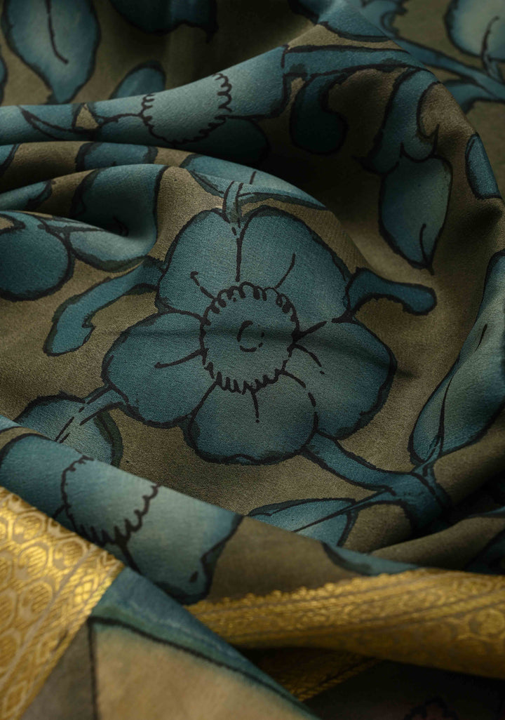 Authentic Pen Kalamkari on Pure Mysore Silk Saree with Rettaipet Border | SILK MARK CERTIFIED