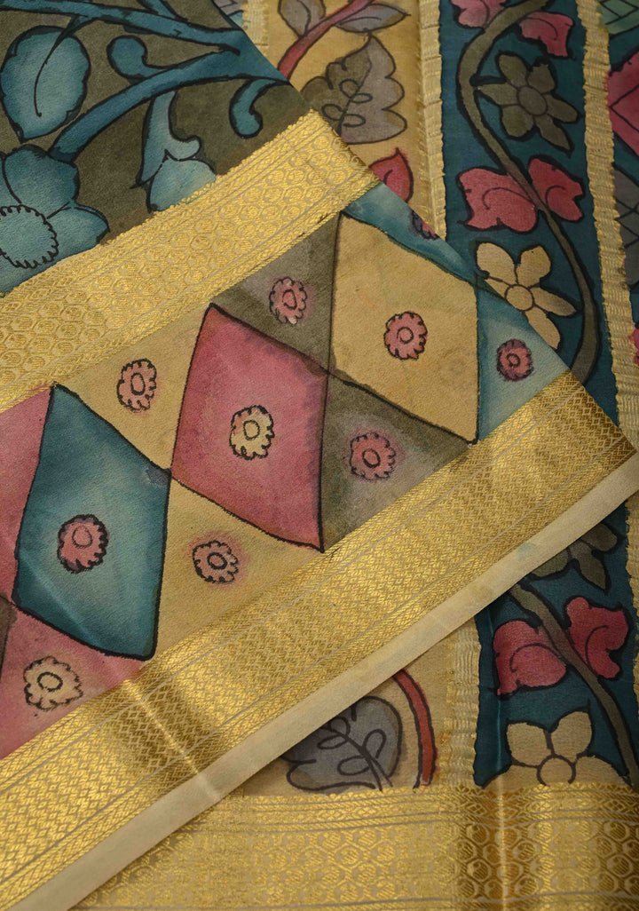 Authentic Pen Kalamkari on Pure Mysore Silk Saree with Rettaipet Border | SILK MARK CERTIFIED