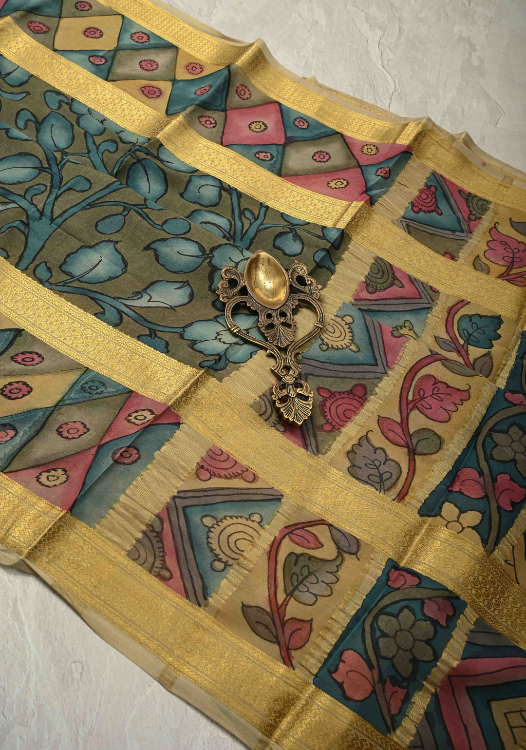 Authentic Pen Kalamkari on Pure Mysore Silk Saree with Rettaipet Border | SILK MARK CERTIFIED