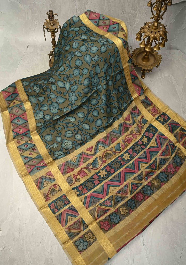 Authentic Pen Kalamkari on Pure Mysore Silk Saree with Rettaipet Border | SILK MARK CERTIFIED