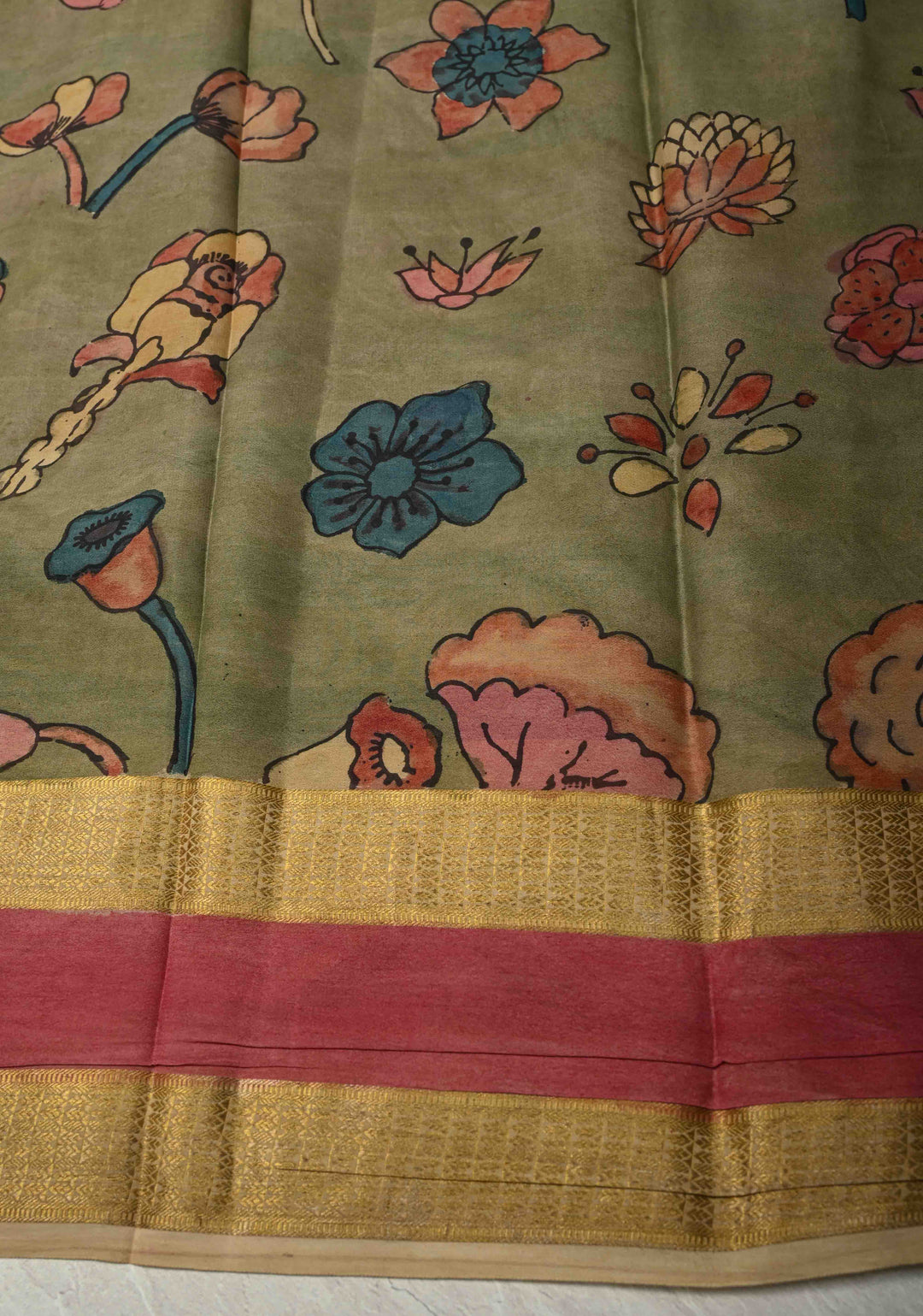 Radhe Krishna Raas Leela Theme: Authentic Pen Kalamkari on Mysore Silk Saree with Stripes Pattern and Zari Border | SILK MARK CERTIFIED