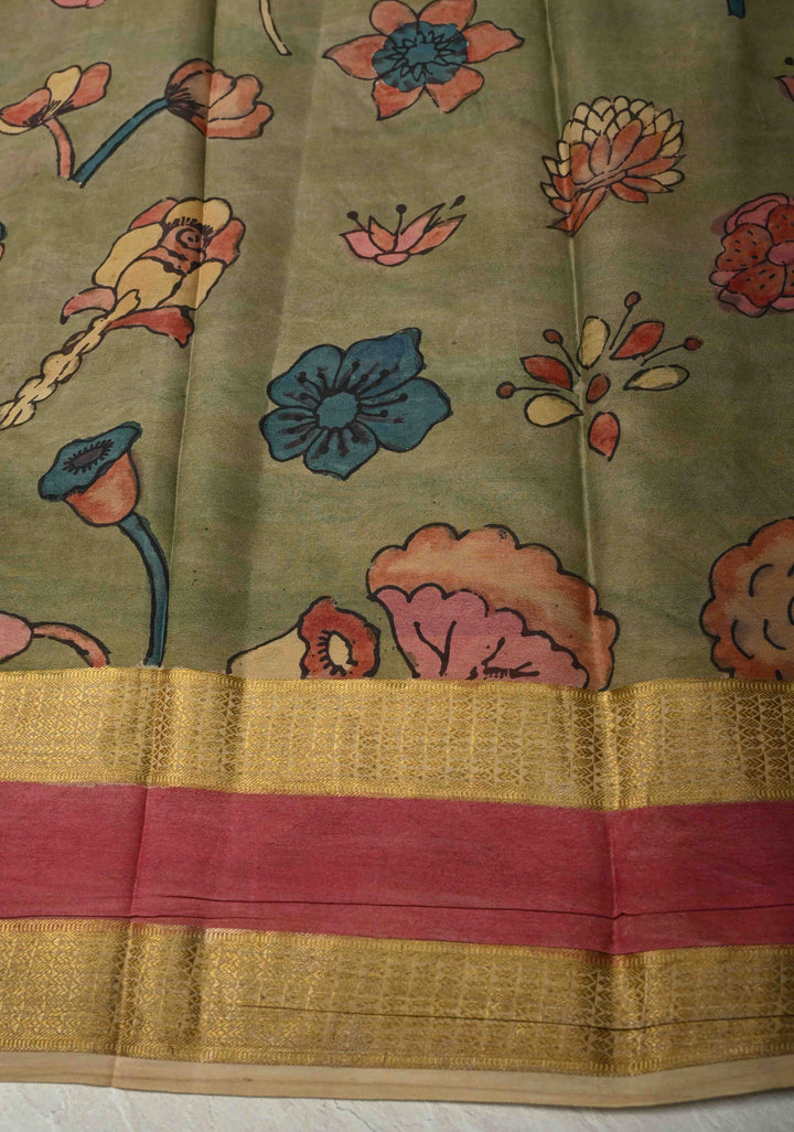 Radhe Krishna Raas Leela Theme: Authentic Pen Kalamkari on Mysore Silk Saree with Stripes Pattern and Zari Border | SILK MARK CERTIFIED