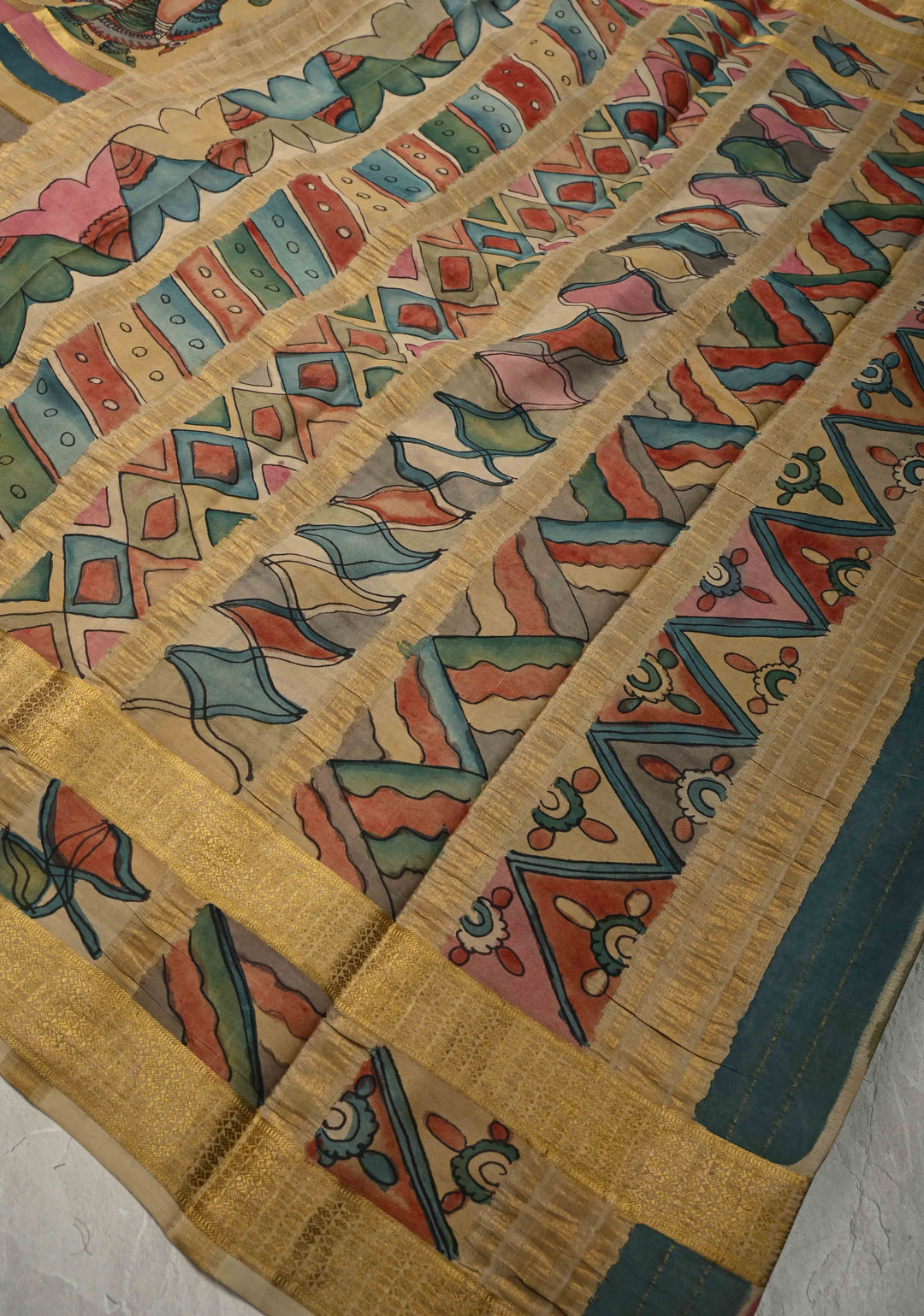 Radhe Krishna Raas Leela Theme: Authentic Pen Kalamkari on Mysore Silk Saree with Stripes Pattern and Zari Border | SILK MARK CERTIFIED