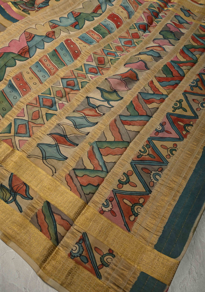 Radhe Krishna Raas Leela Theme: Authentic Pen Kalamkari on Mysore Silk Saree with Stripes Pattern and Zari Border | SILK MARK CERTIFIED