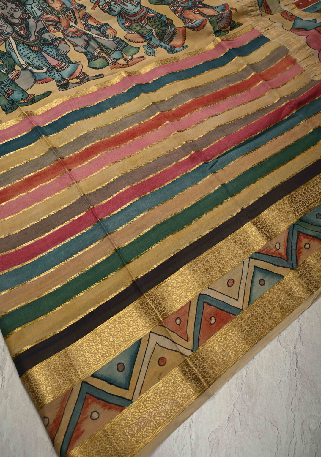 Radhe Krishna Raas Leela Theme: Authentic Pen Kalamkari on Mysore Silk Saree with Stripes Pattern and Zari Border | SILK MARK CERTIFIED