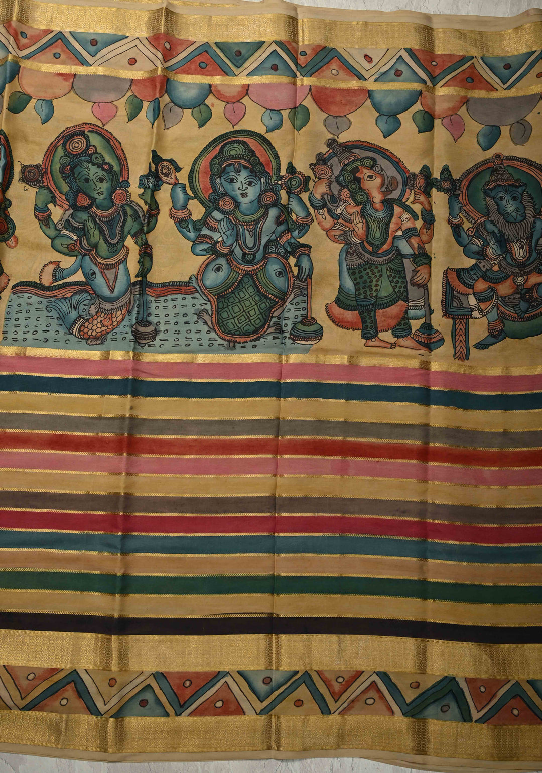 Radhe Krishna Raas Leela Theme: Authentic Pen Kalamkari on Mysore Silk Saree with Stripes Pattern and Zari Border | SILK MARK CERTIFIED