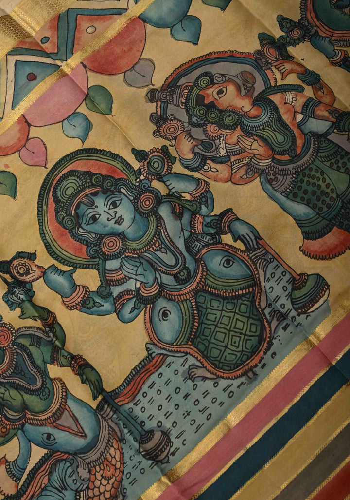 Radhe Krishna Raas Leela Theme: Authentic Pen Kalamkari on Mysore Silk Saree with Stripes Pattern and Zari Border | SILK MARK CERTIFIED