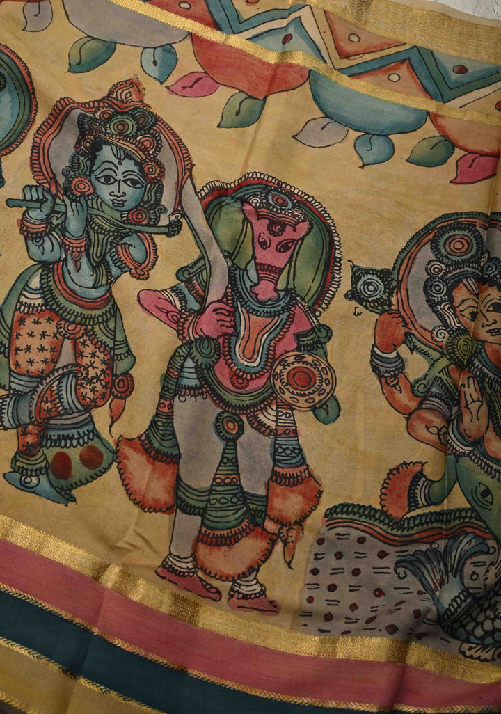 Radhe Krishna Raas Leela Theme: Authentic Pen Kalamkari on Mysore Silk Saree with Stripes Pattern and Zari Border | SILK MARK CERTIFIED