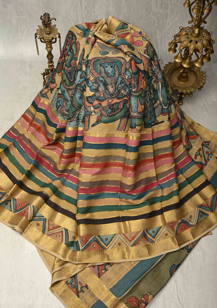 Radhe Krishna Raas Leela Theme: Authentic Pen Kalamkari on Mysore Silk Saree with Stripes Pattern and Zari Border | SILK MARK CERTIFIED