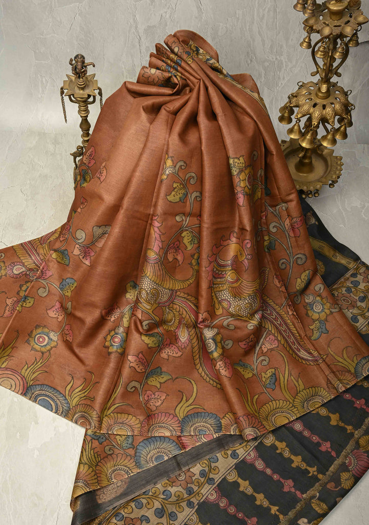 Camel Brown Authentic Pen Kalamkari HandPainted  on Pure Tussar Silk Saree  | SILK MARK CERTIFIED