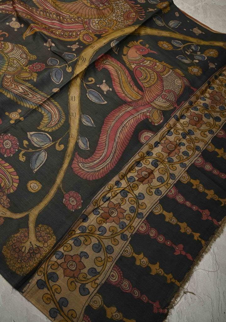 Camel Brown Authentic Pen Kalamkari HandPainted  on Pure Tussar Silk Saree  | SILK MARK CERTIFIED