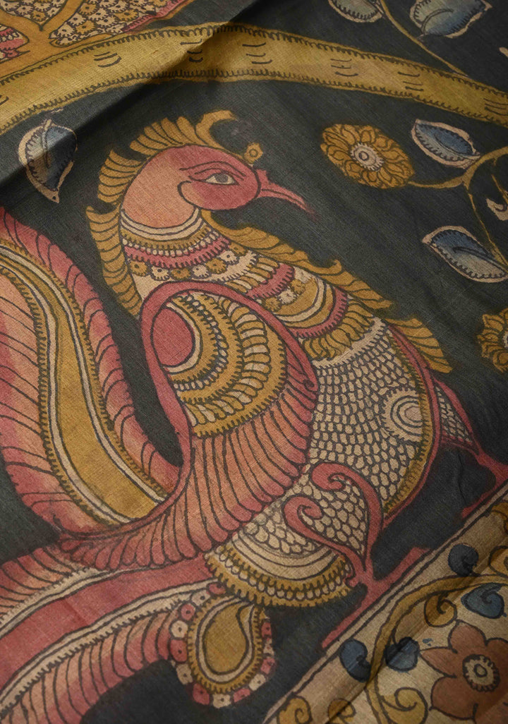 Camel Brown Authentic Pen Kalamkari HandPainted  on Pure Tussar Silk Saree  | SILK MARK CERTIFIED