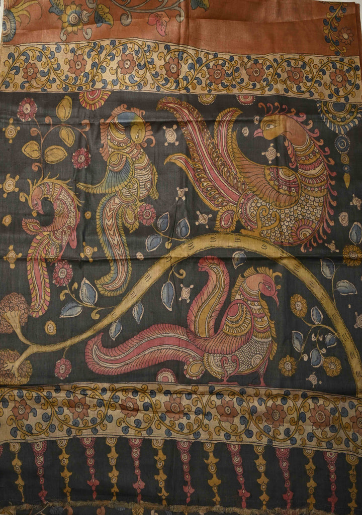 Camel Brown Authentic Pen Kalamkari HandPainted  on Pure Tussar Silk Saree  | SILK MARK CERTIFIED