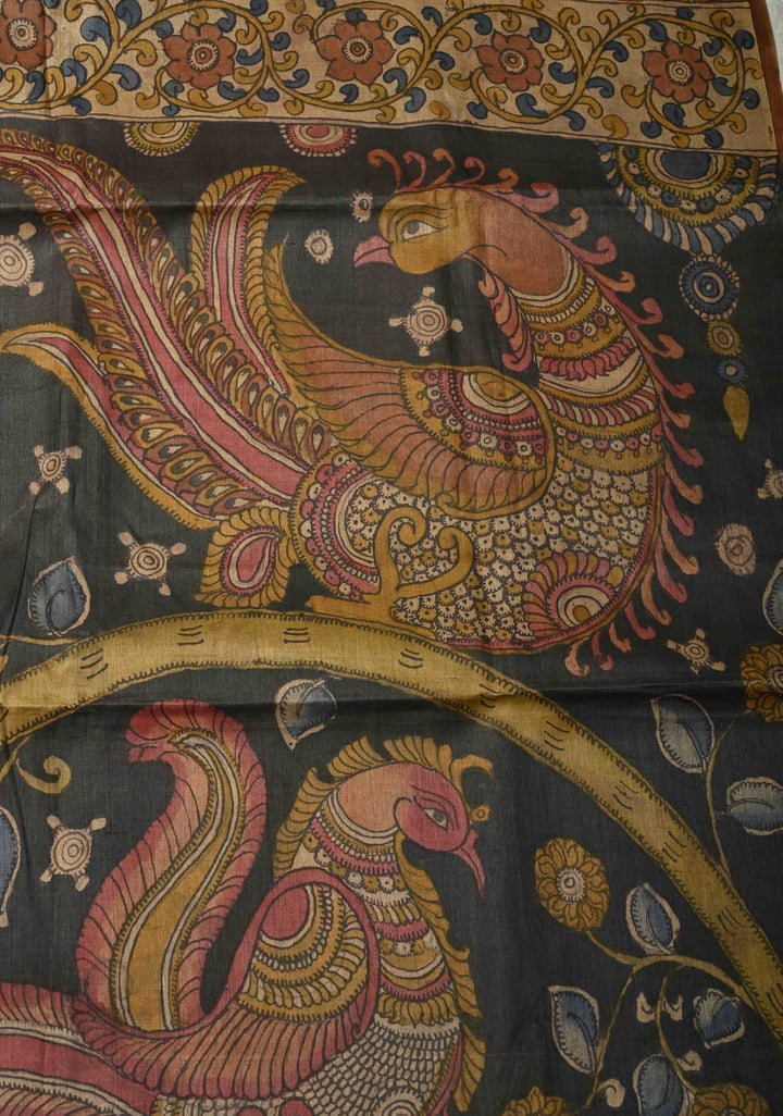Camel Brown Authentic Pen Kalamkari HandPainted  on Pure Tussar Silk Saree  | SILK MARK CERTIFIED