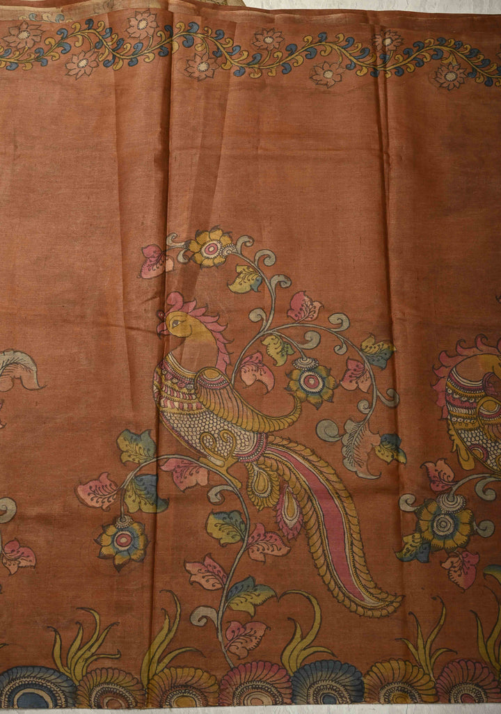 Camel Brown Authentic Pen Kalamkari HandPainted  on Pure Tussar Silk Saree  | SILK MARK CERTIFIED