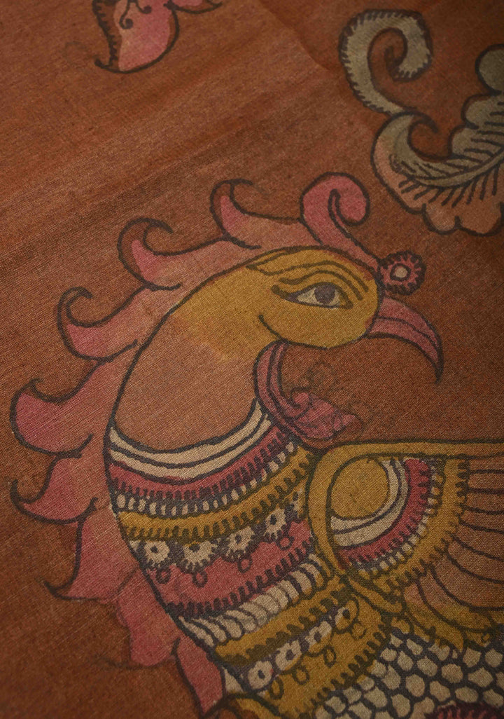 Camel Brown Authentic Pen Kalamkari HandPainted  on Pure Tussar Silk Saree  | SILK MARK CERTIFIED