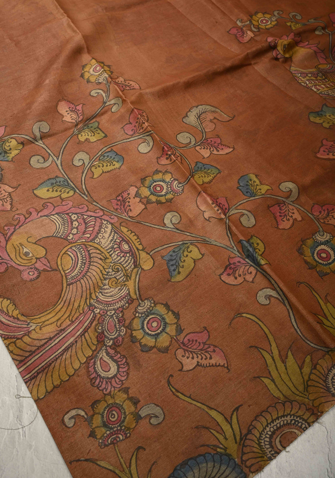 Camel Brown Authentic Pen Kalamkari HandPainted  on Pure Tussar Silk Saree  | SILK MARK CERTIFIED