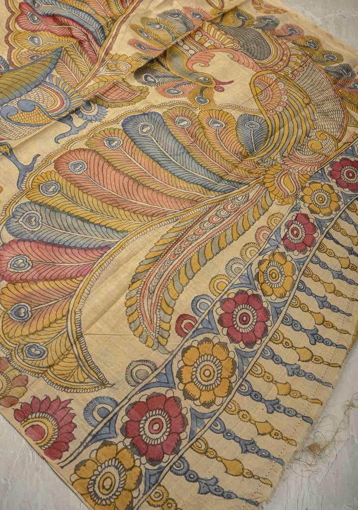 Authentic Pen Kalamkari on Pure Tussar Silk Saree  | SILK MARK CERTIFIED