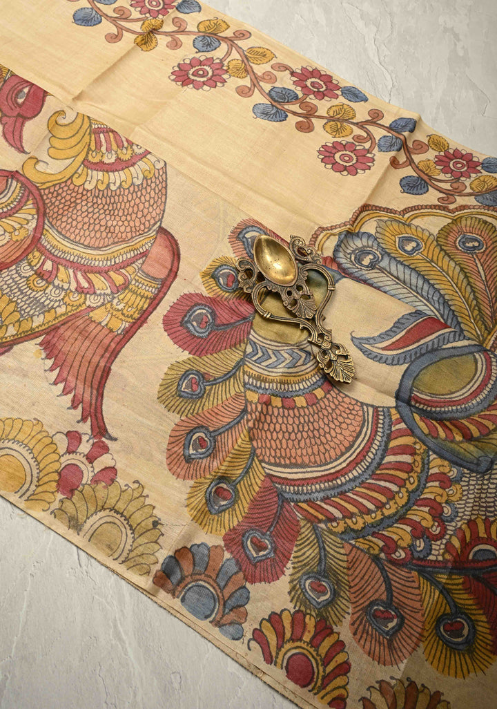 Authentic Pen Kalamkari on Pure Tussar Silk Saree  | SILK MARK CERTIFIED