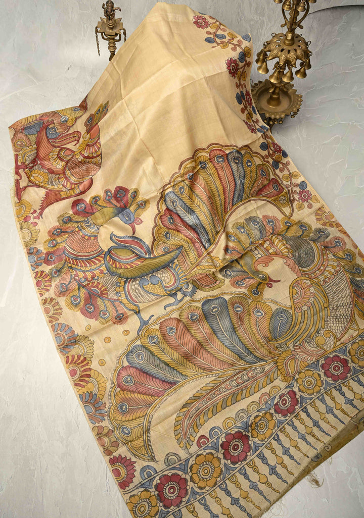 Authentic Pen Kalamkari on Pure Tussar Silk Saree  | SILK MARK CERTIFIED