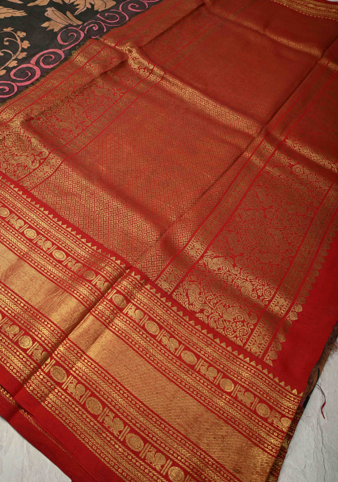 Charcoal Black Authentic  Pen Kalamkari Hand Painted on Pure Kanjivaram Silk Saree with Large Magnolia Design and Contrast Zari Border| SILK MARK CERTIFIED