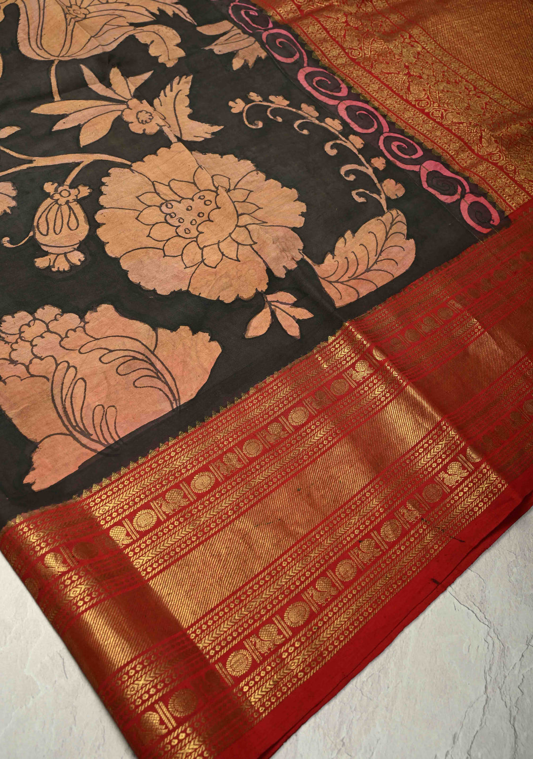 Charcoal Black Authentic  Pen Kalamkari Hand Painted on Pure Kanjivaram Silk Saree with Large Magnolia Design and Contrast Zari Border| SILK MARK CERTIFIED