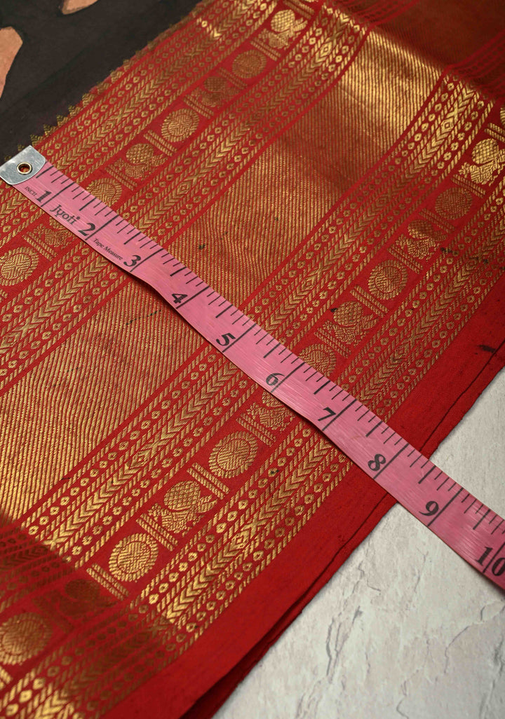 Charcoal Black Authentic  Pen Kalamkari Hand Painted on Pure Kanjivaram Silk Saree with Large Magnolia Design and Contrast Zari Border| SILK MARK CERTIFIED