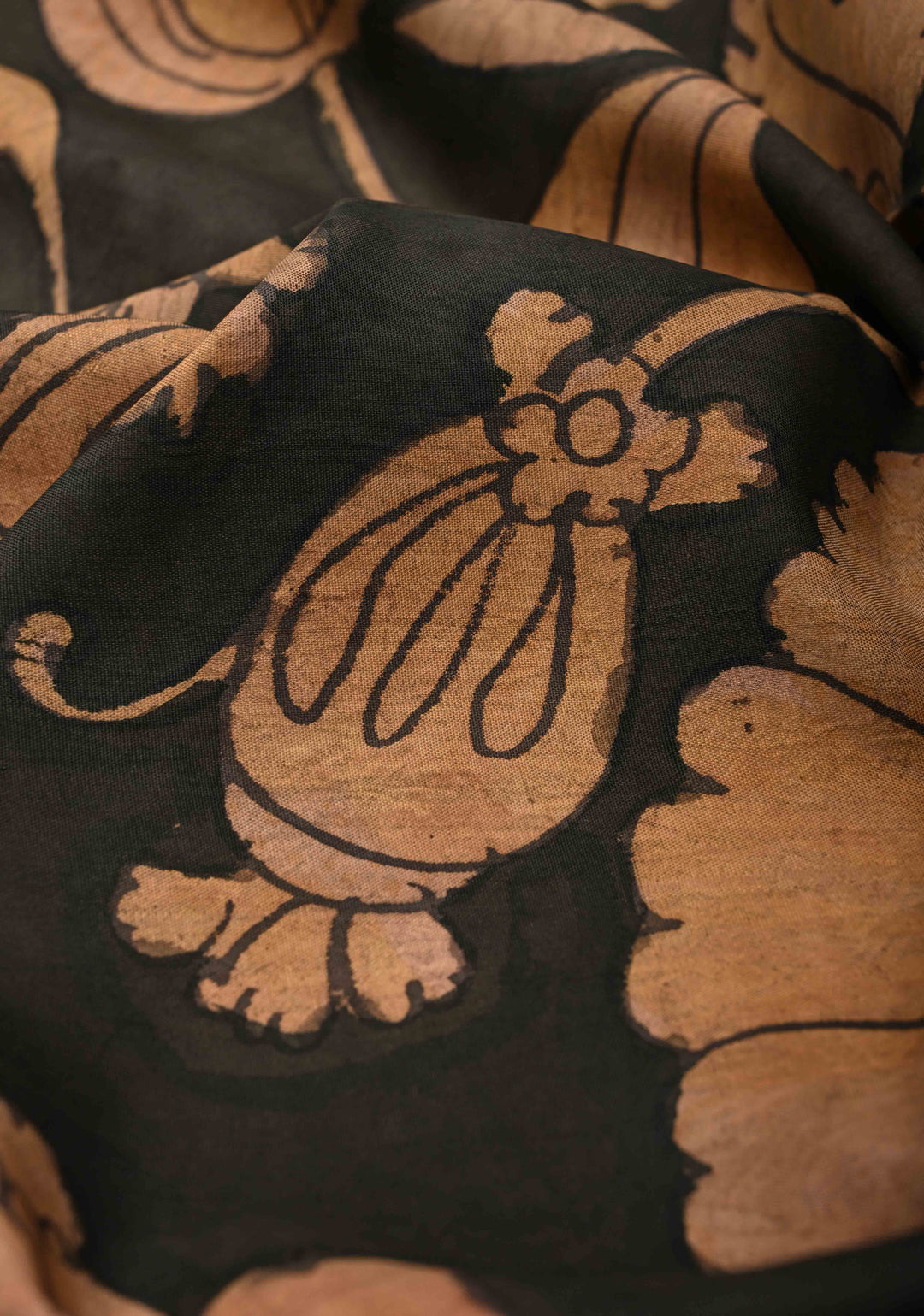 Charcoal Black Authentic  Pen Kalamkari Hand Painted on Pure Kanjivaram Silk Saree with Large Magnolia Design and Contrast Zari Border| SILK MARK CERTIFIED