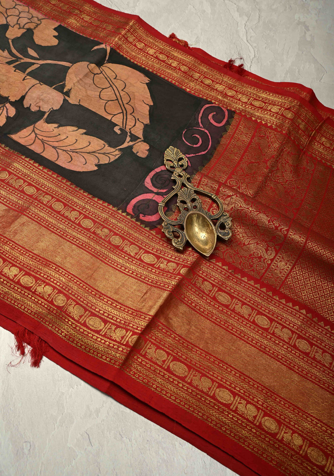 Charcoal Black Authentic  Pen Kalamkari Hand Painted on Pure Kanjivaram Silk Saree with Large Magnolia Design and Contrast Zari Border| SILK MARK CERTIFIED