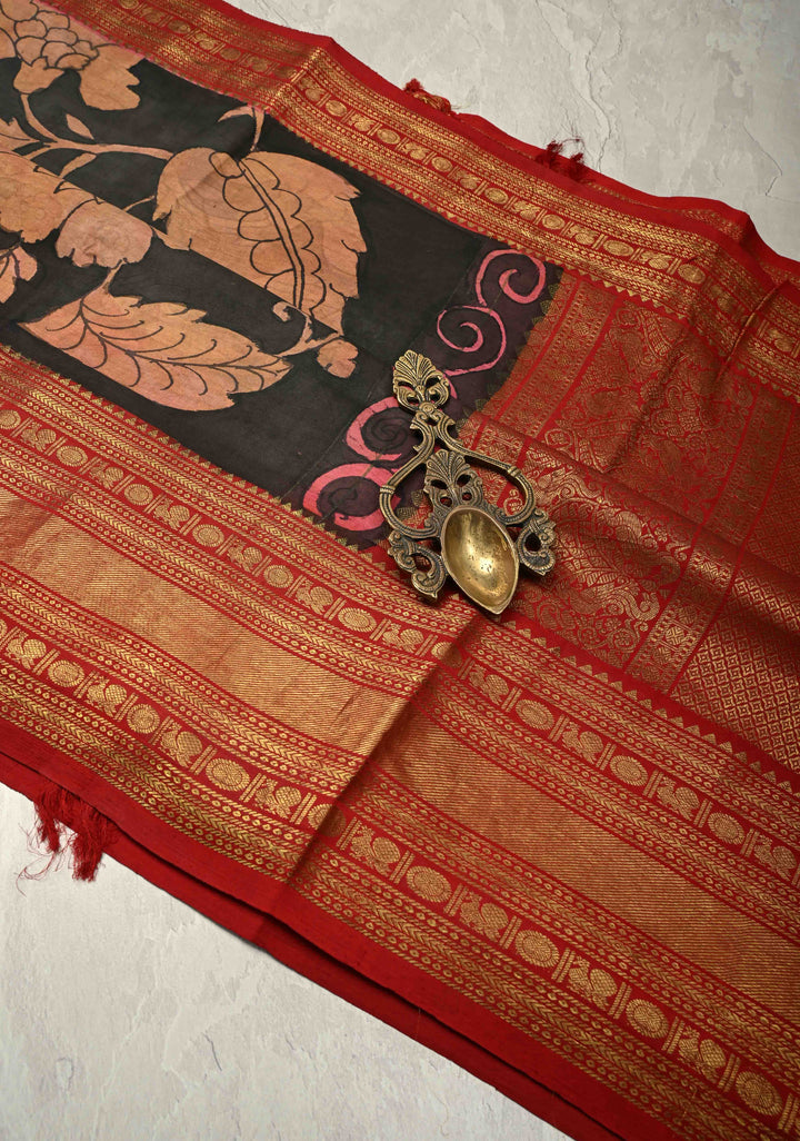 Charcoal Black Authentic  Pen Kalamkari Hand Painted on Pure Kanjivaram Silk Saree with Large Magnolia Design and Contrast Zari Border| SILK MARK CERTIFIED