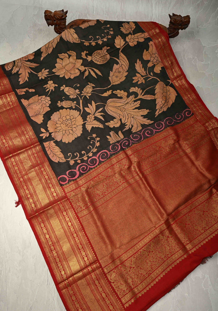 Charcoal Black Authentic  Pen Kalamkari Hand Painted on Pure Kanjivaram Silk Saree with Large Magnolia Design and Contrast Zari Border| SILK MARK CERTIFIED