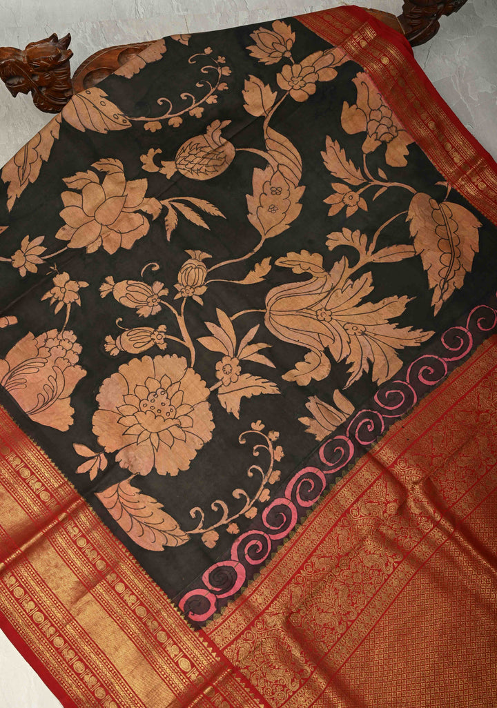 Charcoal Black Authentic  Pen Kalamkari Hand Painted on Pure Kanjivaram Silk Saree with Large Magnolia Design and Contrast Zari Border| SILK MARK CERTIFIED