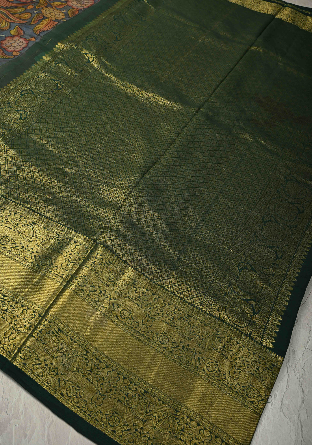 Authentic Pen Kalamkari HandPainted on Pure Kanjivaram Silk Saree with Zari Border | SILK MARK CERTIFIED