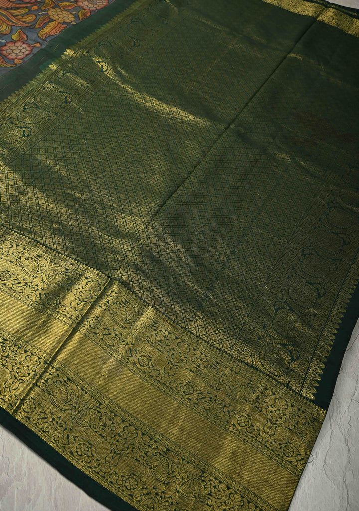 Authentic Pen Kalamkari HandPainted on Pure Kanjivaram Silk Saree with Zari Border | SILK MARK CERTIFIED
