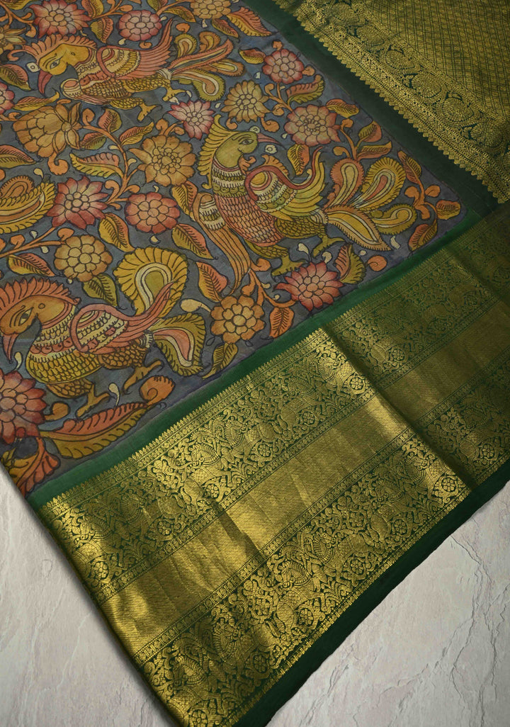 Authentic Pen Kalamkari HandPainted on Pure Kanjivaram Silk Saree with Zari Border | SILK MARK CERTIFIED