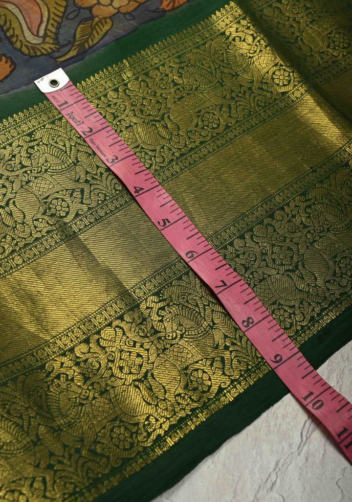 Authentic Pen Kalamkari HandPainted on Pure Kanjivaram Silk Saree with Zari Border | SILK MARK CERTIFIED