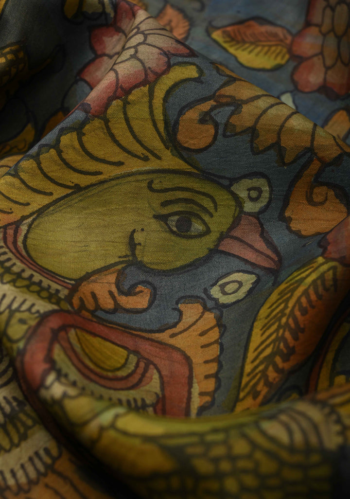 Authentic Pen Kalamkari HandPainted on Pure Kanjivaram Silk Saree with Zari Border | SILK MARK CERTIFIED