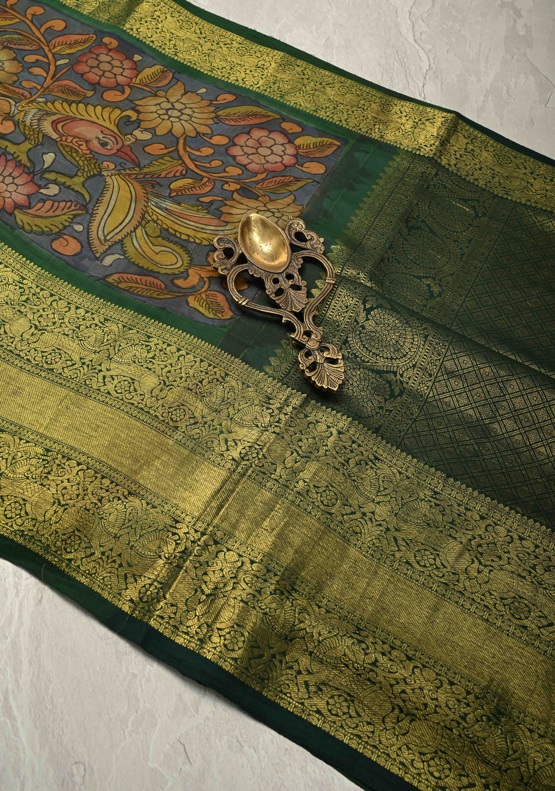 Authentic Pen Kalamkari HandPainted on Pure Kanjivaram Silk Saree with Zari Border | SILK MARK CERTIFIED