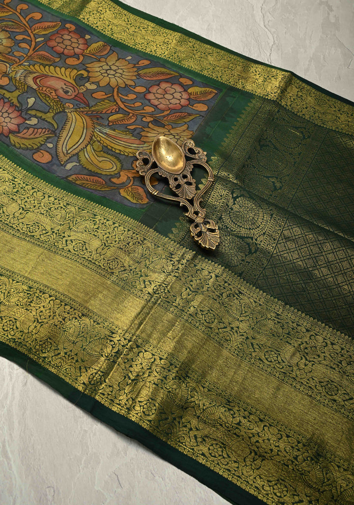 Authentic Pen Kalamkari HandPainted on Pure Kanjivaram Silk Saree with Zari Border | SILK MARK CERTIFIED