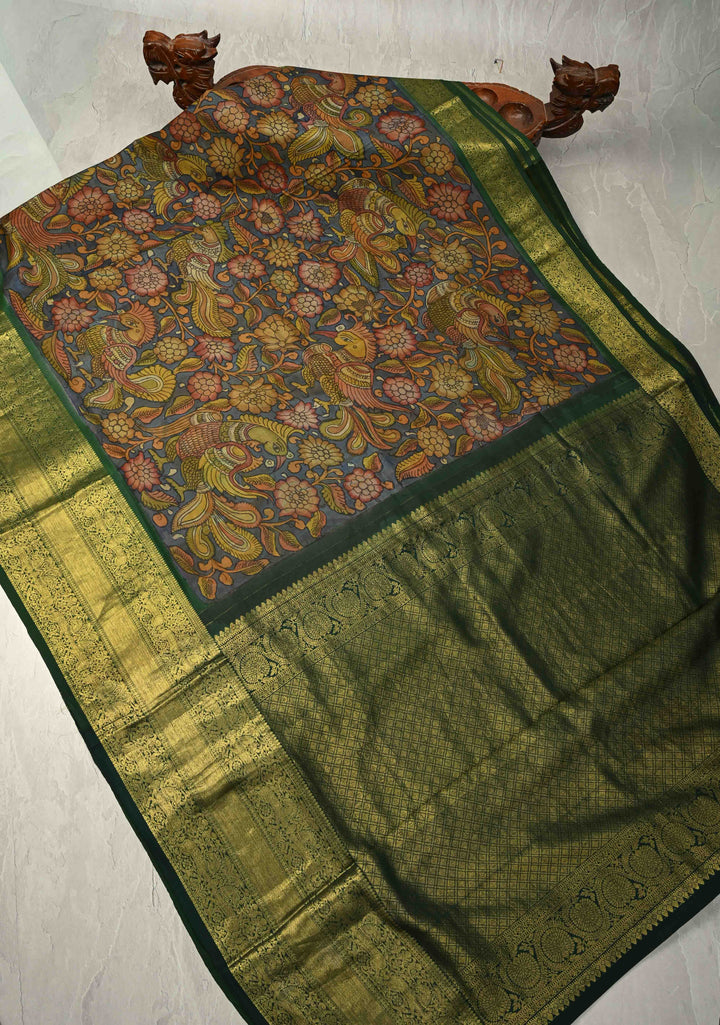 Authentic Pen Kalamkari HandPainted on Pure Kanjivaram Silk Saree with Zari Border | SILK MARK CERTIFIED