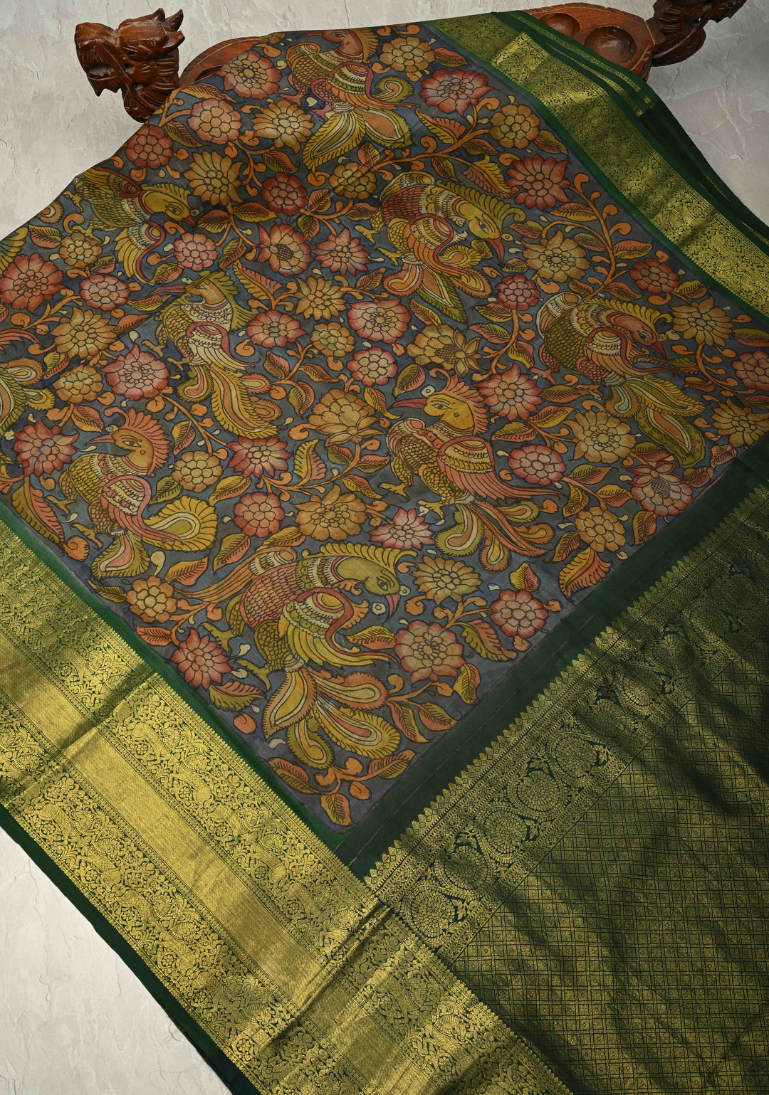 Authentic Pen Kalamkari HandPainted on Pure Kanjivaram Silk Saree with Zari Border | SILK MARK CERTIFIED