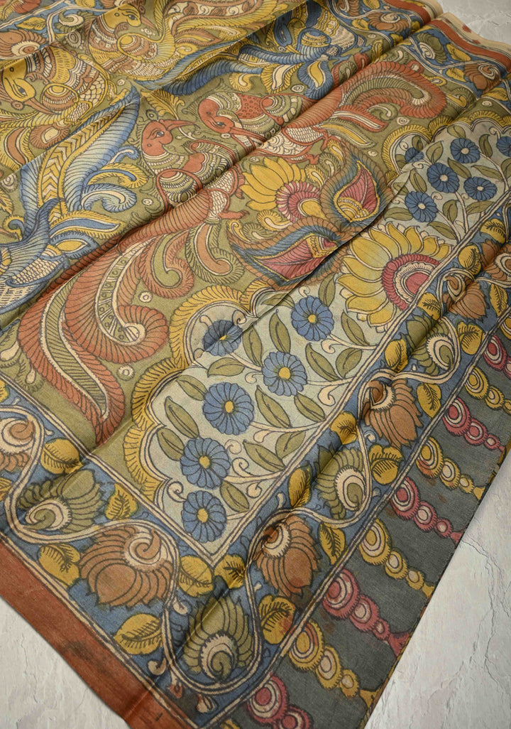 Gray Authentic Pen Kalamkari on Pure Tussar Silk Saree  with Peacok and Floral Theme| SILK MARK CERTIFIED